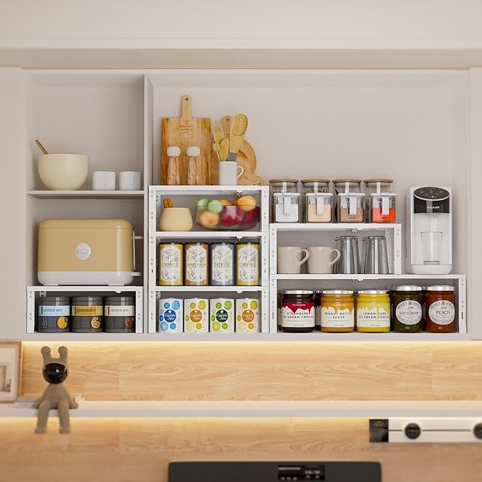 Expandable Spice Rack,Stackable Storage for Cabinet, Multi-Functional Kitchen Shelving,Height-Adjustable,Sustainable Organizer Solution(2Packs/White/Large)