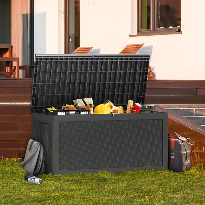 267 Gallon Deck Box Large Outdoor Storage for Patio Furniture,Outdoor Cushions,Garden Tools and Pool Supplies,Waterproof,Resin,Lockable(Black Rattan)