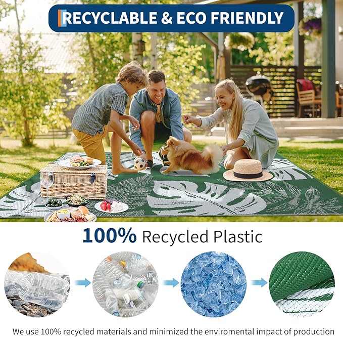 GAOMON Outdoor Rugs 9x18 Waterproof Patio Rug Outdoor Plastic Straw Rug Reversible Camping Mat, Portable RV Picnic Carpet with Bag & 4 Stakes, UV Resistant Outside Carpet for Deck Balcony, Green