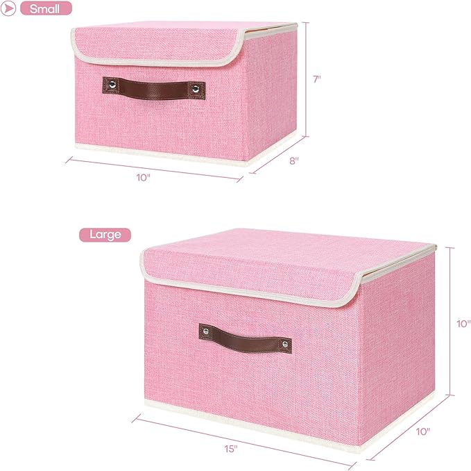 ANMINY Storage Bin with Lid Storage Boxes with PU Leather Handles PP Plastic Board Decorative Foldable Lidded Cotton Linen Fabric Home Cubes Baskets Closet Organizer Container - Pink, Small Size