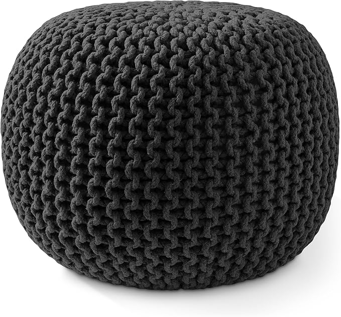Casafield Round Pouf Ottoman, Black - 20" Diameter x 14.5" High Cotton Knit Foot Stool - Boho Floor Pouffe for Living Room, Bedroom, Home Office