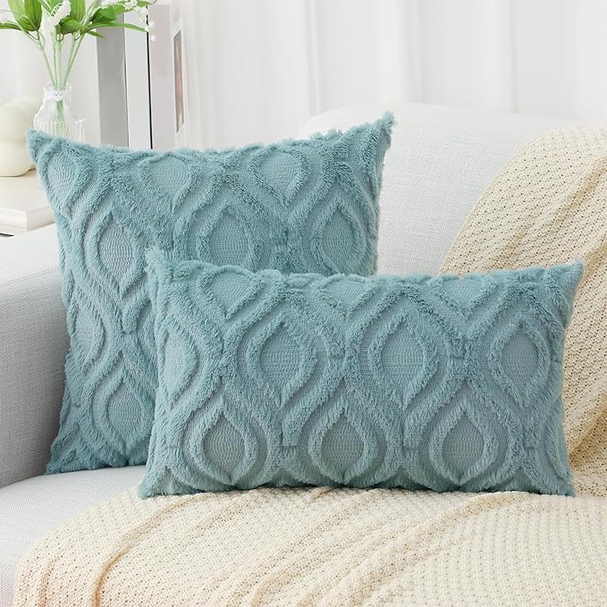 decorUhome Fall Throw Pillow Covers 20x20 Inch Set of 2, Soft Plush Decorative Faux Fur Aqua Solid Couch Pillow Covers, Accent Farmhouse Neutral Square Euro Pillow Cases for Sofa Bed Living Room