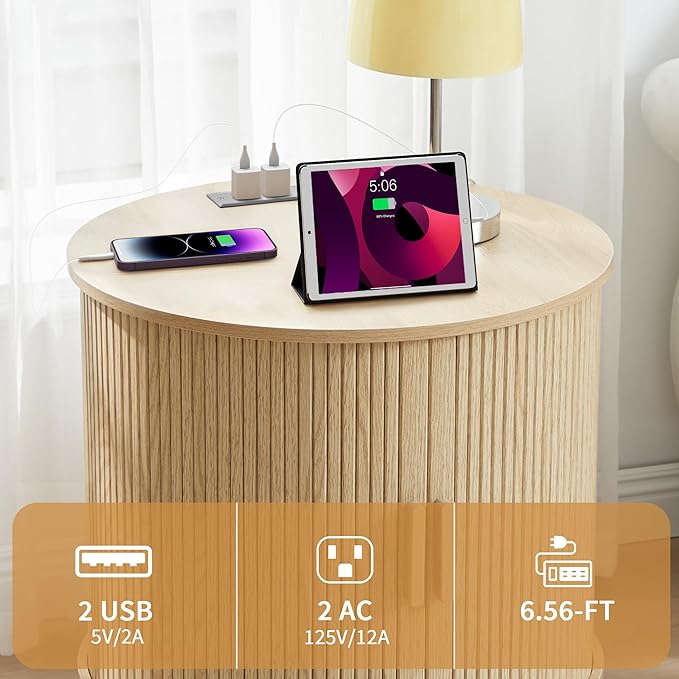 Farmhouse Round End Table with Charging Station, 24" Large Fluted Sofa Side Table with Sliding Tambour Door & Storage, Mid-Century Wood Nightstand for Living Room, Bedroom (Natural)