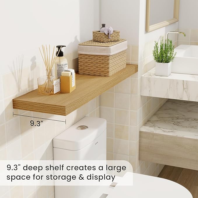 36 Inch Floating Shelves, 9.3 Inch Deep Rustic Wall Shelves - Extra Deeper Wall Mounted Storage Shelves for Bathroom, Kitchen, Living Room (Oak, Set of 2)