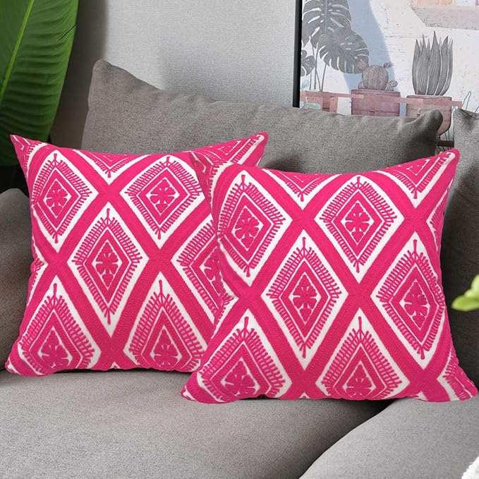 Alysheer Embroidered Decorative Throw Pillow Covers 18x18 inches Set of 2 Pieces, Boho Geometric Modern Chic Classic Pattern Cotton Cushion Cases for Sofa Couch Bed Living Room(Bright Hot Pink)