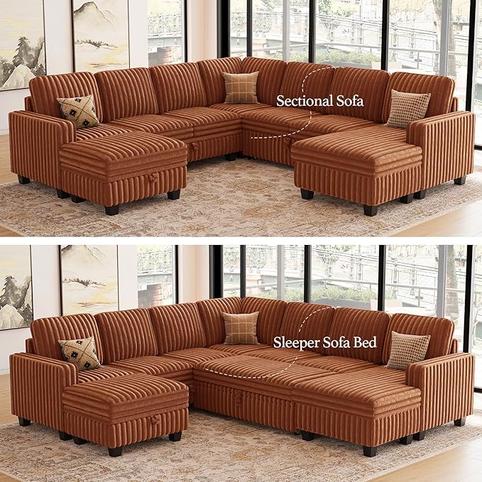 Belffin Oversized Sofa Bed Modular Sectional Sleeper Sofa with Pull Out Bed L Shaped Couch with Storage Chaise Brick Red Couch