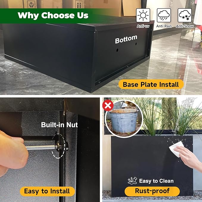 Galvanized Steel Metallic Heavy Planter for Outdoor Plants Metal Outdoor Planter Spliced Flower Box with Partitions for Outside,Indoor,Garden (Black, 24 * 12 * 24)