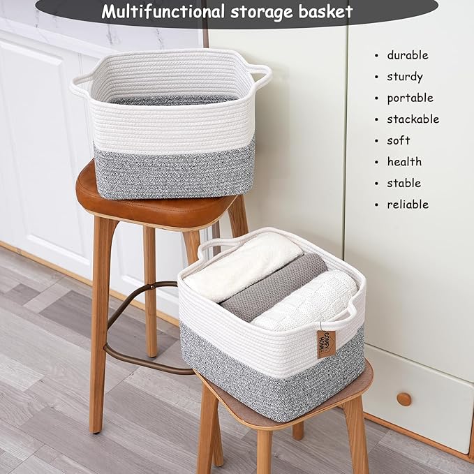 COMFY-HOMI 3-Pack Cotton Rope Woven Basket with Handles for Shelves, Book, Cloth Basket|Dog Toy Basket for Organizingy|13.5" x 11" x 9.5" for Bedroom（White/Grey）