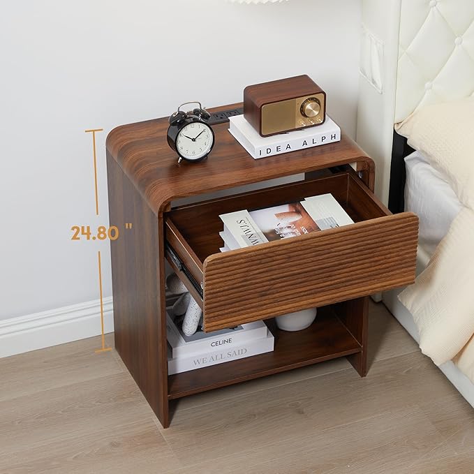 Fluted Nightstand with Charging Station, Mid Century Modern Bed Side Table End Table with Drawer Storage, Large Wooden Night Stands Bedside for Bedroom Living Room Sofa Office, Walnut