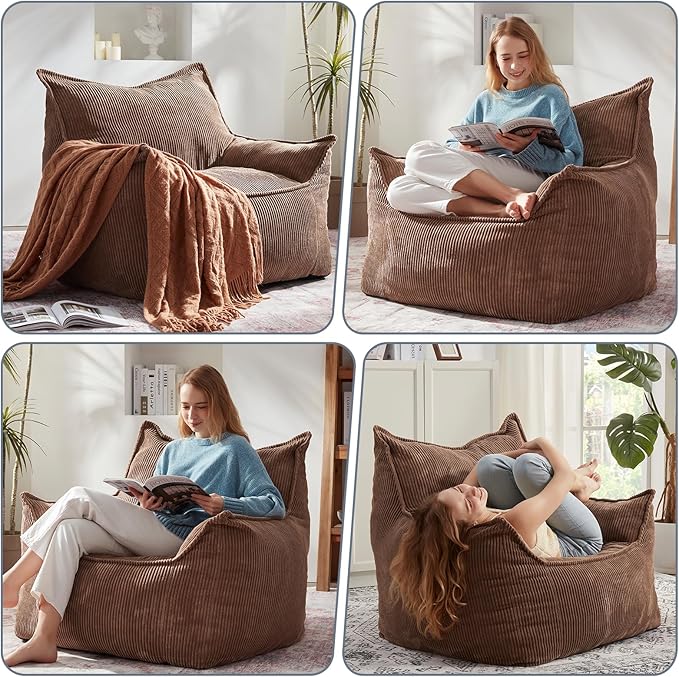 Giant Bean Bag Chair Sofa for Adults Teens, Comfy Corduroy Large Bean Bag Chairs with Armrests for Bedroom Living Room, Adult BeanBag Lazy Sofa Couch Chairs with Filler Included