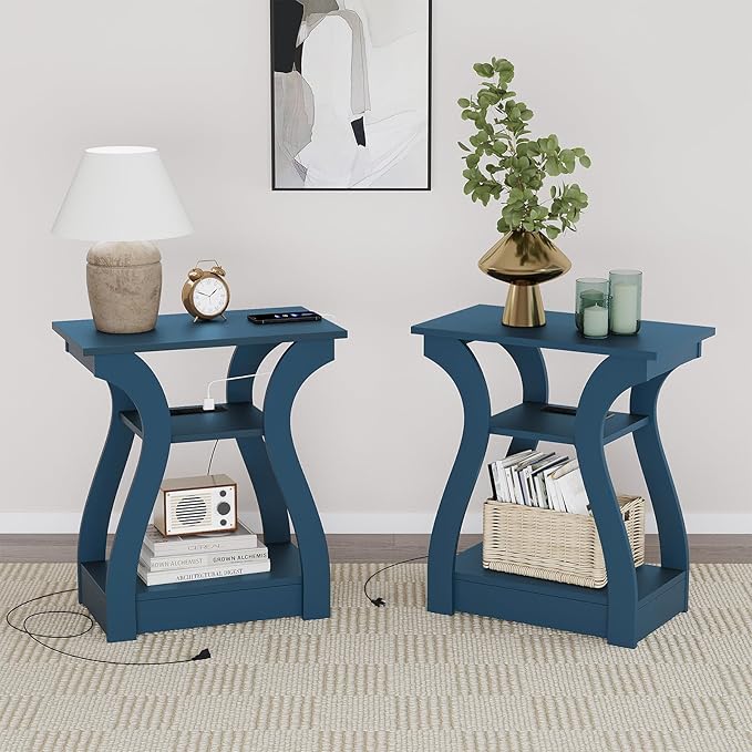 End Tables Living Room Set of 2,End Table with Charging Station and USB,Navy Blue Side Table, Nightstand for Bedroom,3 Tier End Table with Storage Shelf for Living Room Navy Blue