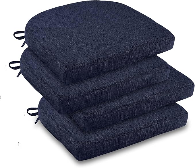 downluxe Indoor Chair Cushions for Dining Chairs, Soft and Comfortable Textured Foam Kitchen Chair Pads with Ties and Non-Slip Backing, 16" x 16" x 2", Navy, 4 Pack
