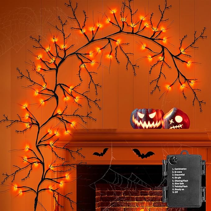 9 FT 72LED Halloween Willow Vine Twig Decor Branches Garland with Lights - 8 Modes Timer - Waterproof Battery Operated for Indoor Wall Fireplace Halloween Decorations