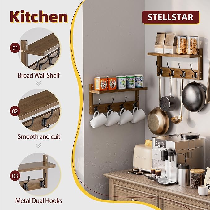 Coat Rack with Shelf Wall Mount, Entryway Bamboo Hanging Shelf, Set of 2, Wall Hook Rail for Hallway Décor, Storage Clothe, Hat, Robe, Key, Dog Leash (Walnut)