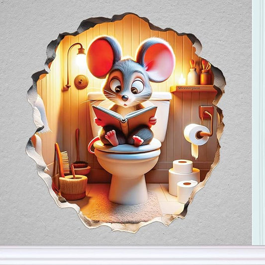 3D Mouse Sitting on Toilet - Mousehole Wall Sticker Decal - Removable Bathroom Decor - Kids Room - Peel & Stick - Whimsical Home Decor - MICESTERPIECE