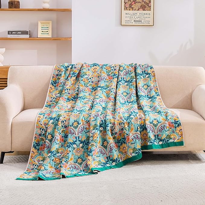Boho Blanket Throw Quilt, 100% Cotton Soft Light Weight Throw Blankets for Summer, 80"x90" Farmhouse Flower Decorative Blankets, All Season Rustic Reversible Bohemian Throw Quilt