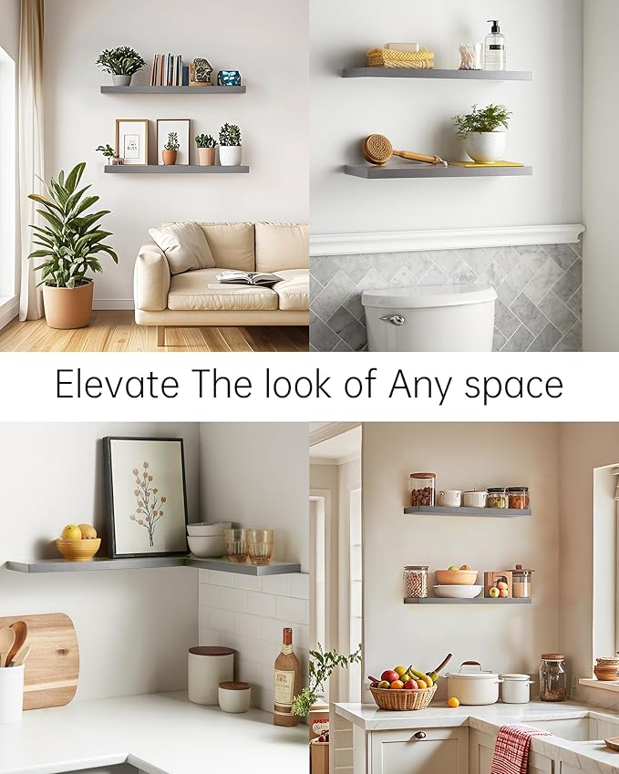 BAYKA Floating Shelves, 22.5" Wall Mounted Wood Shelves for Bathroom, Bedroom, Living Room, Kitchen, Hanging Shelf for Books/Storage/Decor (Grey,Set of 2)