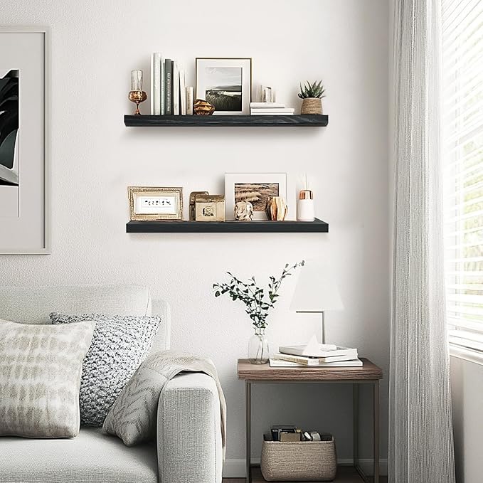 Floating Wall Shelves 2-Pack - Rustic Black 16-inch Wooden Wall Shelves for Storage and Décor, Multi-Functional and Easy to Install for Living Room, Bedroom, and Kitchen