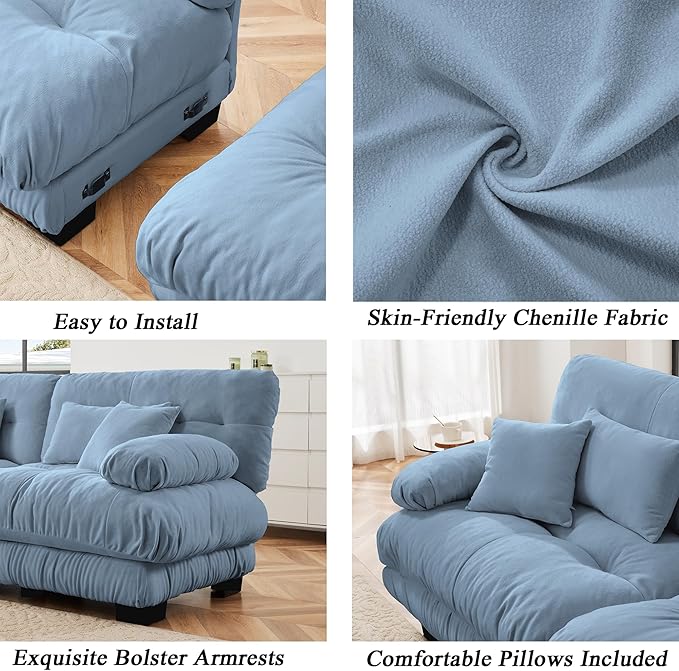 Modular Sectional Sofa, Comfy Cloud Couch 4 Seater Couch with Ottoman, Sectional Couches for Living Room, Modern Chenille L Shaped Couches, Sleeper Deep Seat Sofa with Throw Pillows, Blue