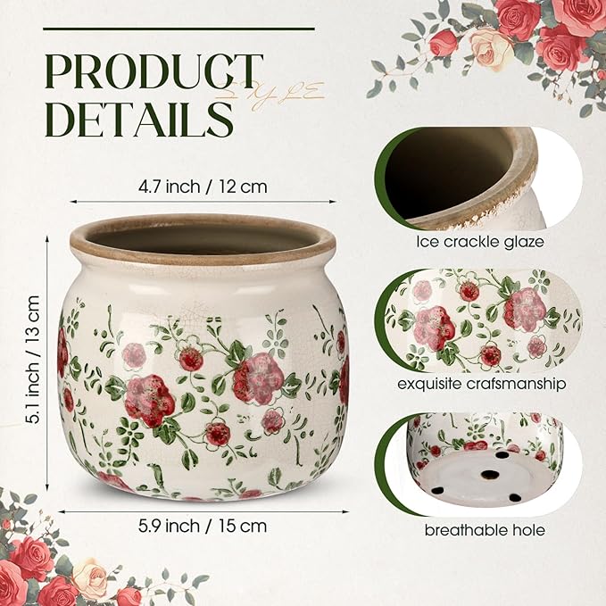 1 Pcs Vintage Planter Large Ceramic Plants Pot Red Plum Crack Cottage Scroll Vase Flower Vase Pot Indoor Plants Home Kitchen Decor Farmhouse Antique Decorative Gift