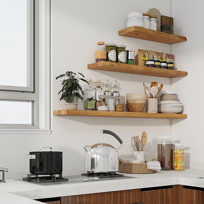 Axeman 48 inch Floating Shelves for Wall - 8'' D Live Edge Rustic Solid Elm Wood Floating Shelves Wall Mounted, Hanging Shelves with Invisible Bracket for Living Room Bedroom Kitchen, Natural