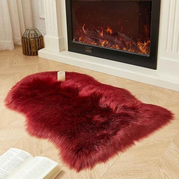 AMTOVO Faux Fur Rug, Burgundy Small Area Rug, Fluffy Sheepskin Rug, Fuzzy Ultra Soft 2 x 3 ft Shag Rugs for Bedroom Sofa Throw Cushion Room Decor, Sheepskin