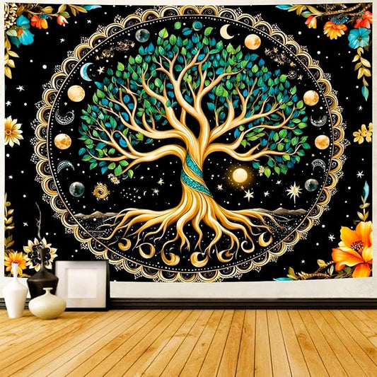 Delur Tree of Life Tapestry Moon Phase Nature Flower Plant Tapestry Wall Hanging Boho Mandala Spiritual Sun Aesthetic Psychedelic Headboard for Bedroom Living Room Home Decor (51.2" x 59.1")
