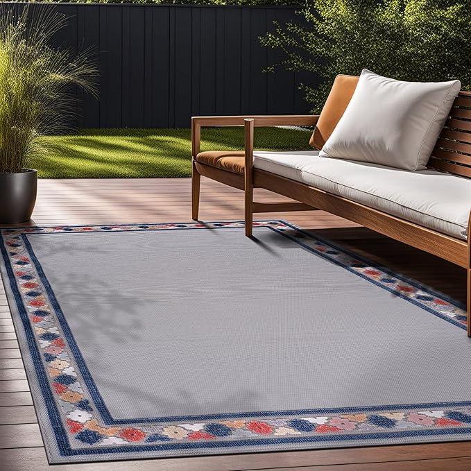 Beverly Rug Outdoor Rug 10x14 Modern Bordered Large Area Rugs for Indoor and Outdoor Patio Easy to Clean Non Shedding Living Room Porch Garden Washable Outside Carpet (10 x 14 Gray)