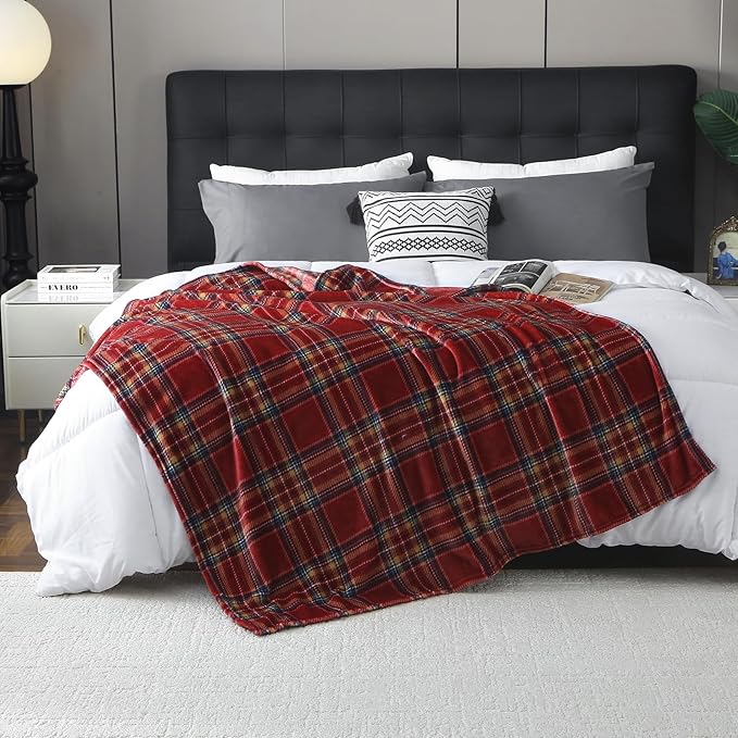 MERRYLIFE Dark Red Plaid Throw Blanket Decorative Fleece Throw | Ultra-Plush Colorful | Couch Blanket Travel Lap | Home Gift Use(50" 60",Dark Red Plaid)
