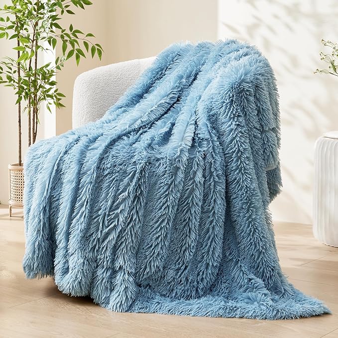 GONAAP Fuzzy Faux Fur Throw Blanket Light Blue Super Soft Cozy Plush Fuzzy Shaggy Blanket for Couch Sofa Bed (Light Blue, Throw(50"x60"))