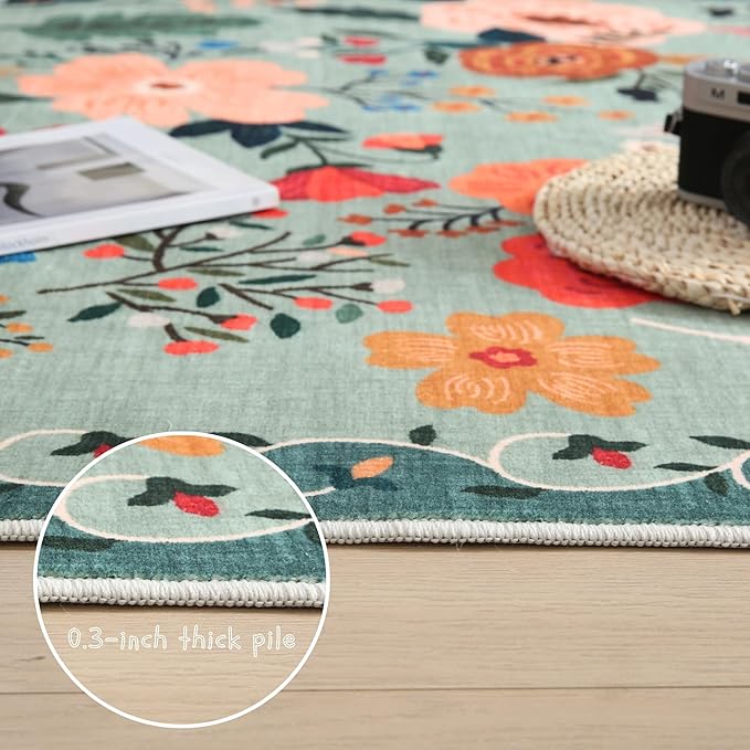 Living Room Rug 5x7 Rug Machine Washable Boho Area Rug Non Slip Floral Vintage Low Pile Large Rugs for Living Room, Bedroom, Farmhouse, Dining Room, Kids Playroom(Green)