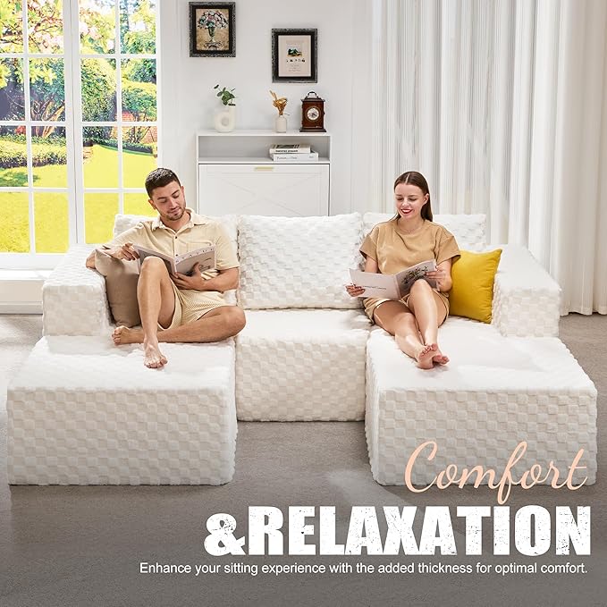 Hobestluk Modular Sectional Sofa Memory Foam Couch Oversized Sectional Sofa 3-Seater with Chaises Cloud Couch with Removable Cover U Shaped Sofa for Living Room (Plush White, U Shape)
