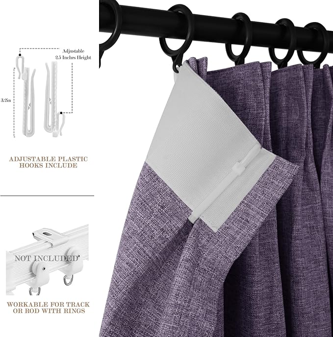 70" W x 108" L Faux Linen Room Divider Curtains, Full Blackout Pinch Pleated Drapes for Traverse Rod, Bedroom Divider Privacy Drapery with Hooks for Ceiling Track, 1 Panel, Violet