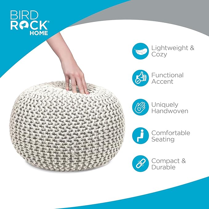 BIRDROCK HOME Round Pouf Ottoman | Cotton Braided Foot Stool with Bean Bag Filling | Boho Foot Rest for Living Room & Bedroom | Compact & Comfortable Seating, Lightweight & Soft | Ivory