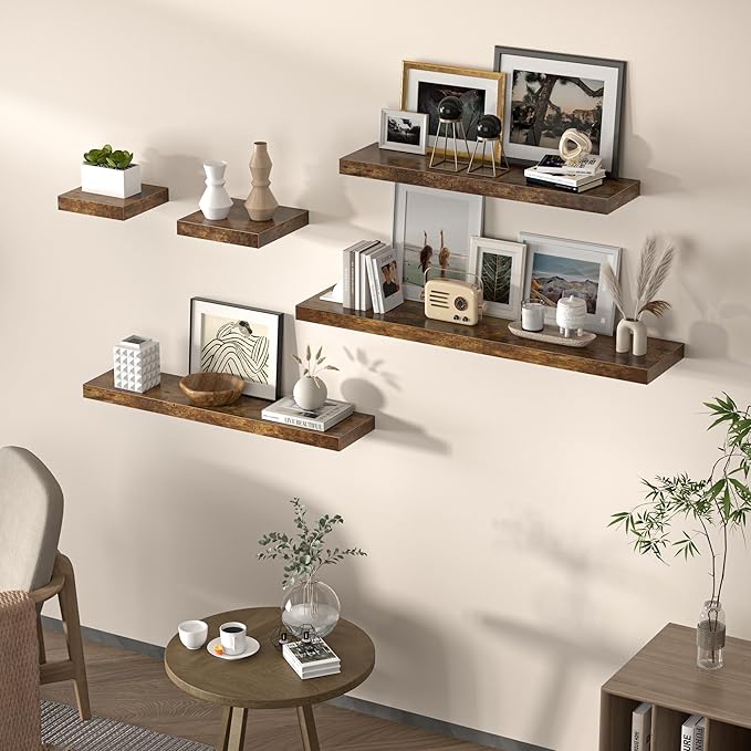 Floating Shelves for Wall, 24"W x 6.7"D x 1.5"H, Wooden Wall Mounted Display Shelf with Invisible Brackets for Living Room, Bedroom, Bathroom, Kitchen Decor and Storage, Set of 2, Rustic Brown