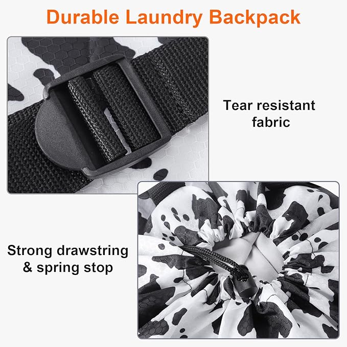 Femuar Laundry Bag Backpack Durable Laundry Bag with Shoulder Straps and Mesh Pockets Portable Laundry Dirty Clothes Hamper Bag for College Dorm (Cow Print)