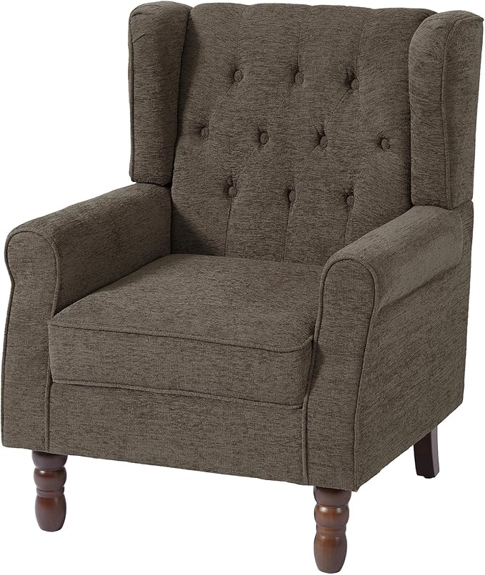 UIXE High Back Accent Chairs Set of 2, Upholstered Armchair in Fabric, Retro Wingback Arm Chair for Living Room, Comfy Single Sofa Bedroom Reading Seat with Solid Wood Legs - Taupe