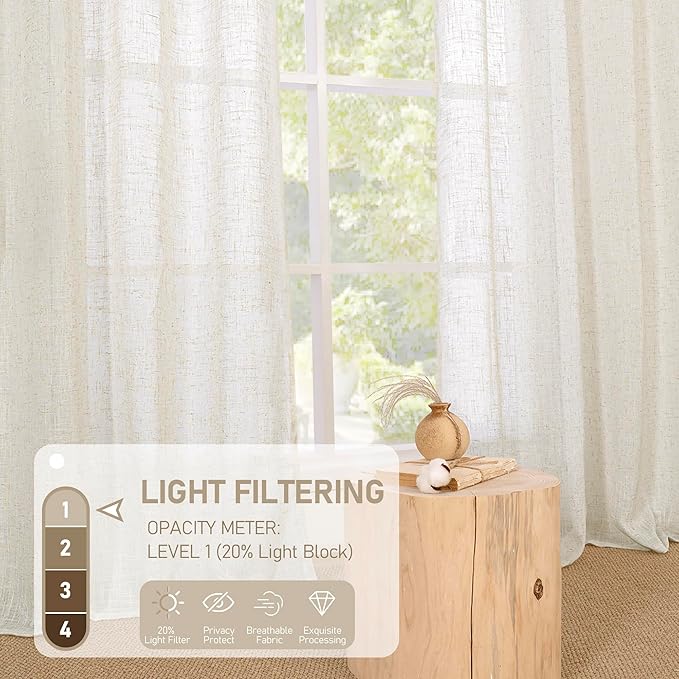 LAMIT Short Linen Sheer Curtains 54 inch Length for Windows, Cream Ivory Light Filtering Panels Bronze Grommet Boho Neutral Drapes for Bedroom/Bathroom/Cafe, 34 x 54 Inch, 2 Panels