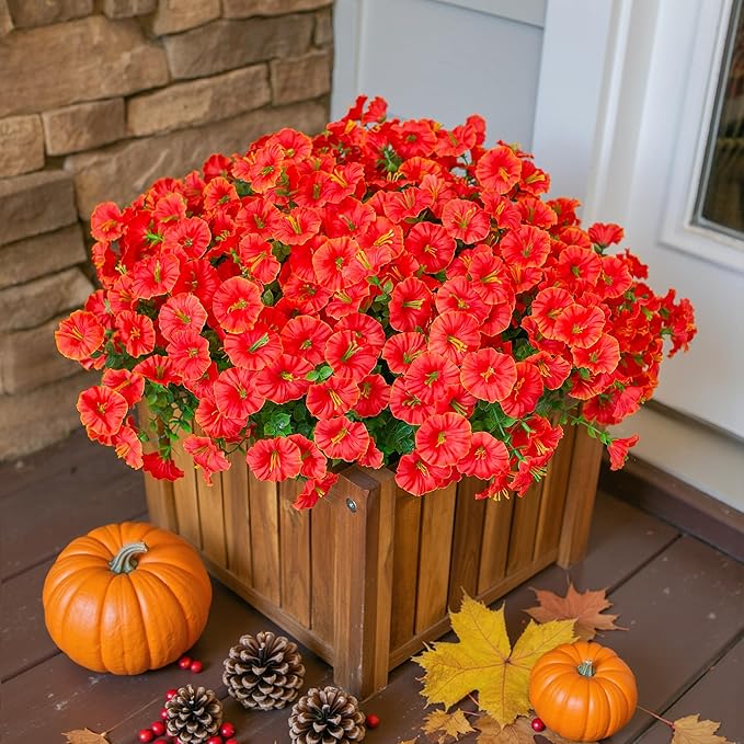 Artificial Fall Flowers Fake Plants for Outdoors Autumn Decoration, 12 Bundles Orange Silk Morning Glory with Eucalyptus Look Real UV Resistant Faux Flowers for Outside Planters Front Door Yard Indoor