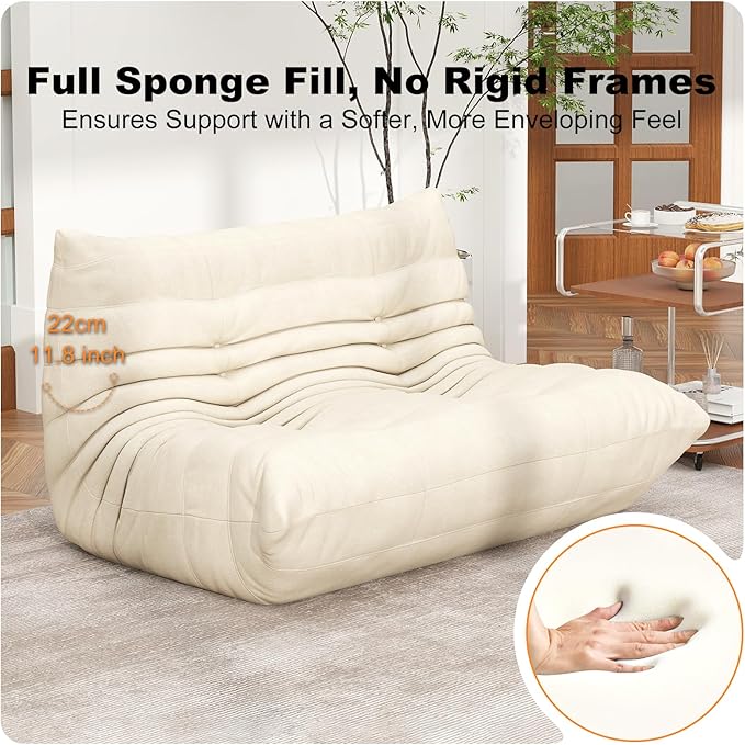 Full Foam Loveseat Sofa,Adults Bean Bag Chairs Floor Couch with Soft Waterproof Fabric,Armless Fireside Lounge Chair for Living Room,Apartment and Office (Whtie)