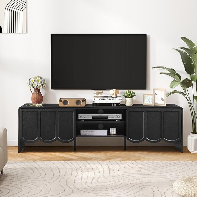 ORRD 63'' TV Stand, Modern TV Console Table Wave Panel Television Stands Entertainment Media Center with Storage Compartment and Sliding Door for Living Room (Black)