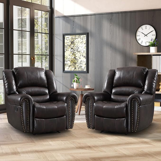 CANMOV Leather Recliner Chair Set of 2, Classic and Traditional Manual Recliner Chair with Comfortable Arms and Back,Manual Single Recliner Sofa for Living Room, Dark Brown