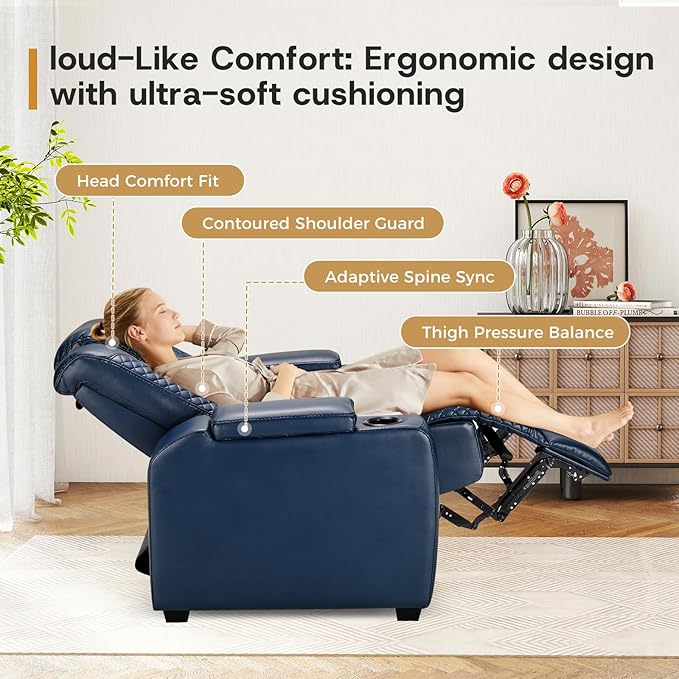 ANJ Power Home Theater Seating Set of 3, Blue Faux Leather Electric Recliner Chair with Powered Headrest, Dual Motors Movie Reclining Chairs with LED Lights,USB Port,Cup Holders, Hidden Arm Storage