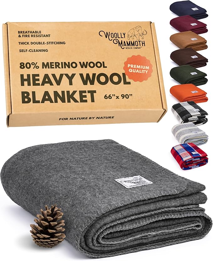 Woolly Mammoth Woolen Co. | Extra Large Merino Wool Camp Blanket | Perfect Outdoor Gear | Bedroll for Bushcraft, Camping, Trekking, Hiking, Survival, or Throw Blanket at the Cabin (Gray), 66" x 90"