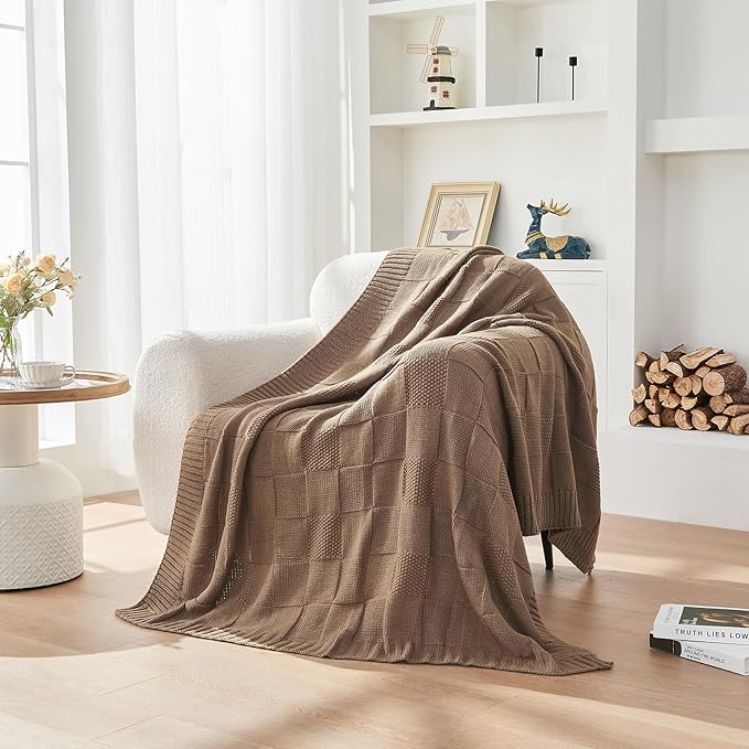 CozeCube Check Knit Throw Blanket, Light Brown Checkered Throw for Couch, Decorative Christmas Soft Cozy Warm Knitted Blanket for Bed Sofa Living Room, 50"X60"