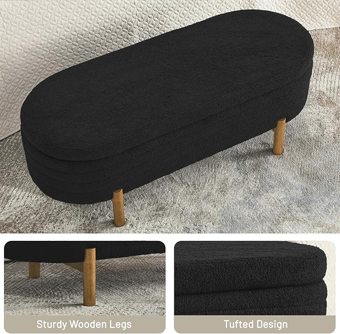 Furniliving 46” Storage Benches, End of Bed Bench with Button-Tufted Large Upholstered Storage Ottoman Teddy Window Bench with Storage Shoe Cabinet Bench, for Bedroom, Entryway, Closet, Black