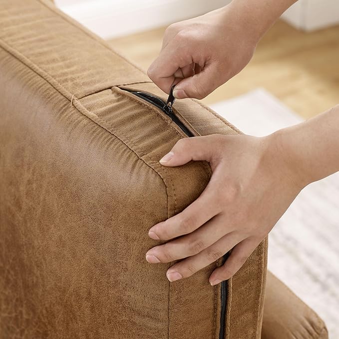 Extra Deep Accent Chair, Comfy Fabric Armchair with Wood Base, Upholstered Single Sofa Chair for Living Room & Bedroom, Faux Leather Brown