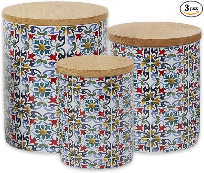 DII Kitchen Ceramics Collection Canister Set, Floral Tile, 3 Piece