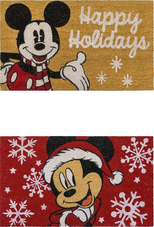 Gertmenian Disney Mouse Doormat Rug Retro Front Door Coir Mat Welcome Home Indoor Outdoor Entryway Carpet, 2-Pack 20x34, Mickey Happy Holidays/Snowflakes