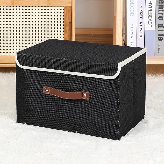 ANMINY Storage Bin with Lid Storage Boxes with PU Leather Handles PP Plastic Board Decorative Foldable Lidded Cotton Linen Fabric Home Cubes Baskets Closet Organizer Container - Black, Large Size